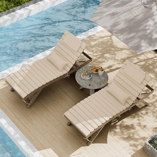 2 Sets of Outdoor Water-Resistant Olefin Chaise Lounge Cushions with Headrest and Pillow, Weather and Fade Resistant Foldable Quilted Lounge Chair Pads with Straps, Beige, 73" L x 22" W