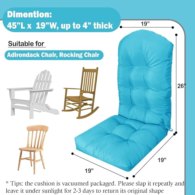 Adirondack Chair Cushion, Outdoor Patio Furniture Seat Pad, Waterproof | Waterproof cover with straps, PP cotton, high back thick seat pad for adirondack rocking chair indoor outdoor porch 44x19x4