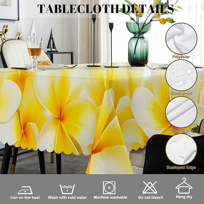 Swono White Flowers Tablecloth Tropical Blossom Plumeria Flowers Rectangle Table Cloth Washable Plaid Table Cover for Kitchen Holiday Dinner, 52x 70 Inch Tablecloth