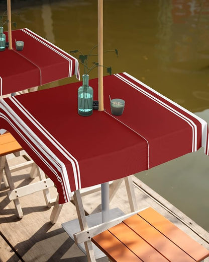 QueenKer Outdoor Tablecloth with Umbrella Hole, Farmhouse Wine Red White Stripe Square Tables Waterproof Tabletop Collection for Patio, Garden, Picnic, Camping, Dining 54 x 54 inch