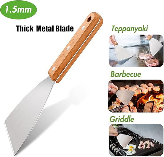 Grill Griddle Scraper Set of 3, Leonyo Stainless Steel Metal Flat Top Grill Scraper Tool for Teppanyaki BBQ Dough Pancake Pizza Home Baking Cooking, Wooden Grip