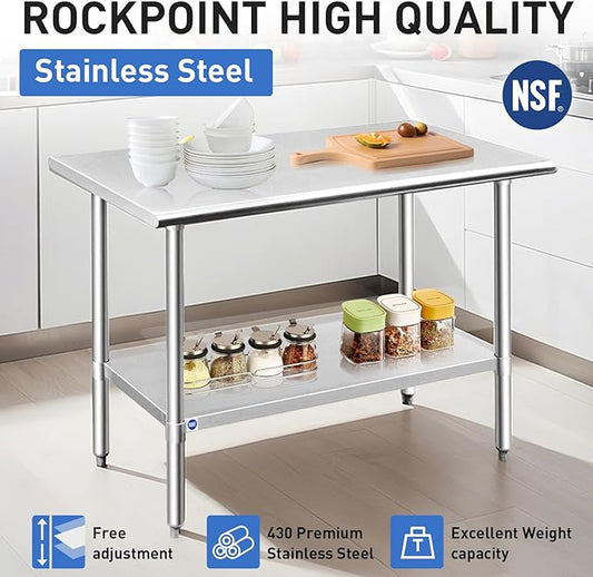 ROCKPOINT Stainless Steel Table for Prep & Work 18x60 Inches, NSF Metal Commercial Kitchen Heavy Duty Table with Adjustable Under Shelf and Table Foot for Restaurant, Home and Hotel
