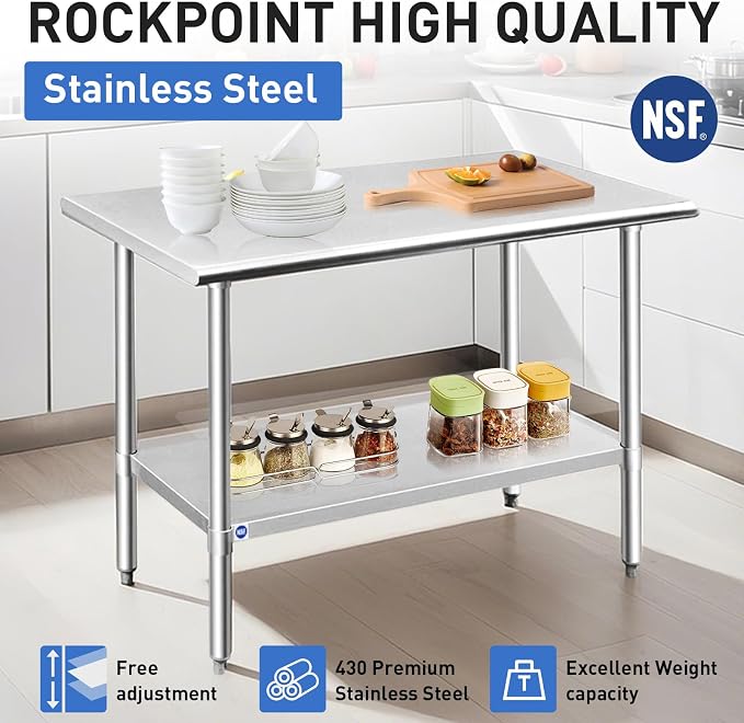 ROCKPOINT Stainless Steel Table for Prep & Work 18x48 Inches, NSF Metal Commercial Kitchen Heavy Duty Table with Adjustable Under Shelf and Table Foot for Restaurant, Home and Hotel