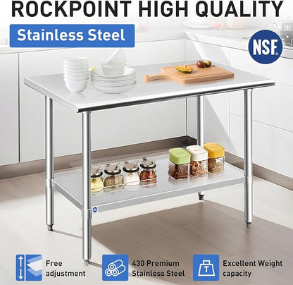 ROCKPOINT Stainless Steel Table for Prep & Work 30x72 Inches, NSF Metal Commercial Kitchen Heavy Duty Table with Adjustable Under Shelf and Table Foot for Restaurant, Home and Hotel, Silver
