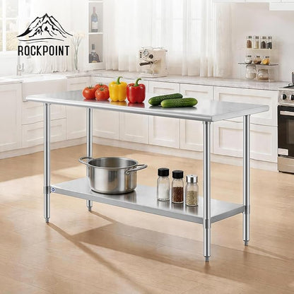 ROCKPOINT SS304 Top All Stainless Steel Table for Prep & Work 24x60 Inches, NSF Commercial Kitchen Heavy Duty Table with Adjustable Undershelf for Restaurant,Kitchen, Home and Hotel