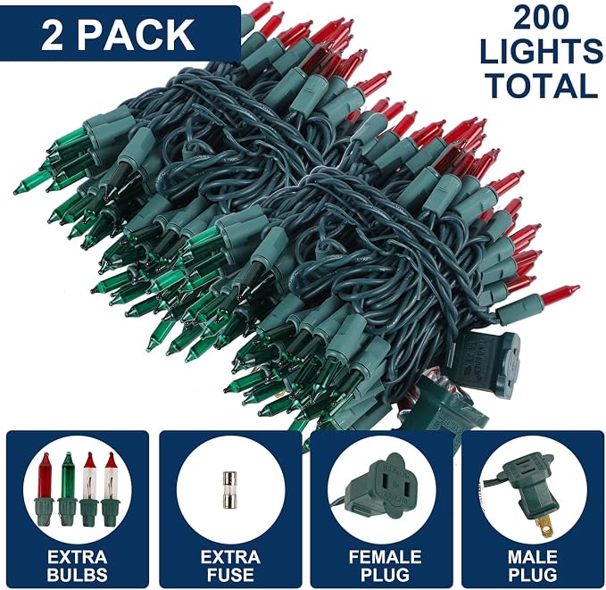 2Pack Red&Green Christmas String Lights, 100 Count Incandescent Mini Lights | Connectable Xmas Tree Light for Indoor Outdoor Garland Birthday Holiday Wedding Festival Party