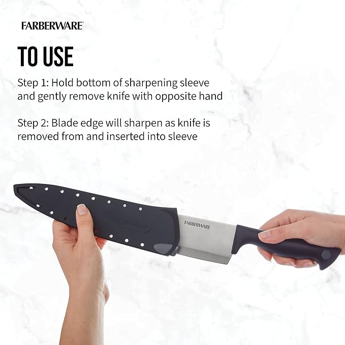 Farberware 8 Inch Chef Knife with EdgeKeeper Self-Sharpening Blade Cover, High-Carbon Stainless Steel Kitchen Knife for Slicing, Dicing, and Mincing