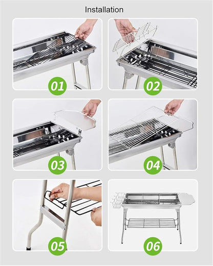 Grill for Outdoor Outdoor Stainless Steel Portable Travel Folding Barbecue BBQ Charcoal Grill with Legs for Camping, Picnic, Outdoor，Silver Chrome Barbecue Grill