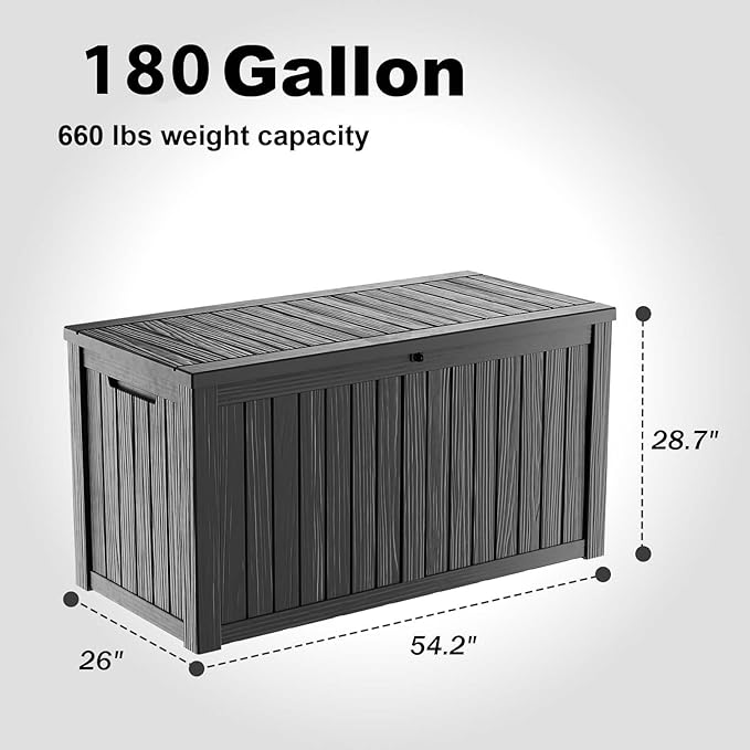 PatioZen 180 Gallon Large Deck Box,Resin Outdoor Storage Box with Lockable for Patio Furniture, Pool Accessories, Garden Tools Waterproof Outside Storage Box, Black