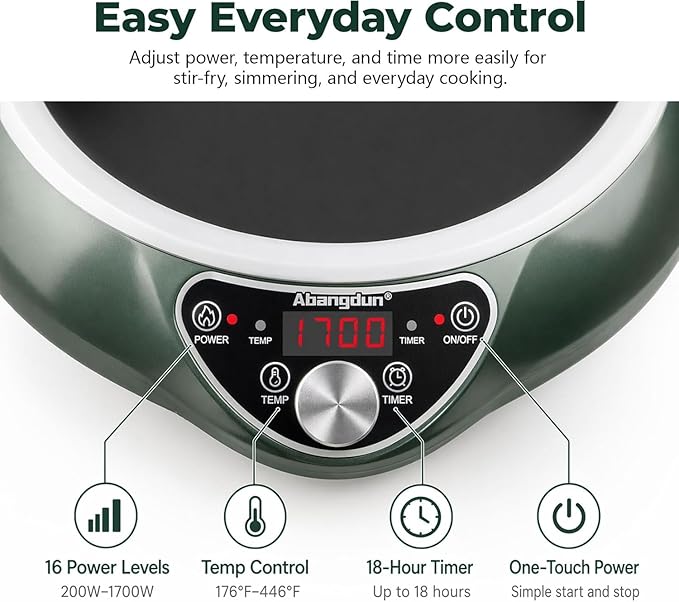 1700W 120V Concave Induction Wok Cooktop, 9.25-Inch Coil, Steady Low-Heat Control, 16 Power Levels, ETL Listed Portable Countertop Burner for Round-Bottom Woks & Flat-Bottom Pans