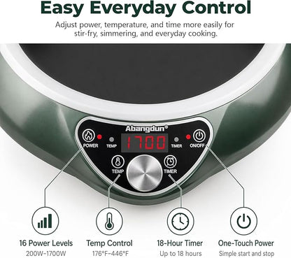1700W 120V Concave Induction Wok Cooktop, 9.25-Inch Coil, Steady Low-Heat Control, 16 Power Levels, ETL Listed Portable Countertop Burner for Round-Bottom Woks & Flat-Bottom Pans