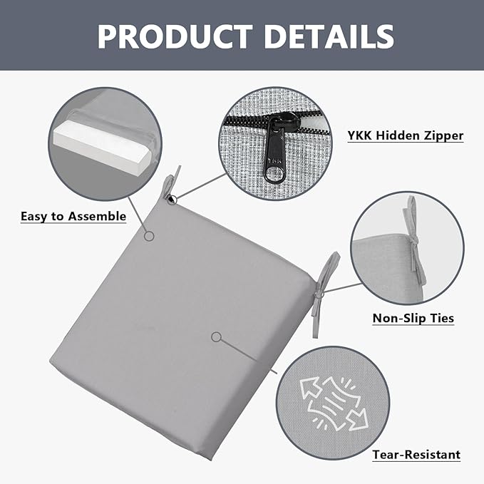 Goodgoods 18.5 x 18.5 Outdoor Chair Cushions Set of 4, Fade-Resistant & Water-Resistant Patio Seat Cushion Pads with Ties, 30D High-Resilience Foam for Dining Room Kitchen Chairs, Stone Gray