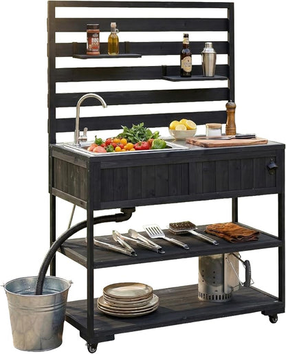 42 Inch Patio Kitchen Island with Sink, Black | Black fir wood, stainless steel top and sink, garden or patio, movable shelves, bottle opener, lockable wheels, 41.7 in L