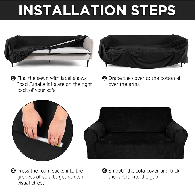 Peryiter 3 Pcs Couch and Loveseat Sofa Covers,Black,Velvet | Armchair Covers for Living Room, Sofa Cushion Slipcover, Furniture Protector, Polyester and Spandex, Washable