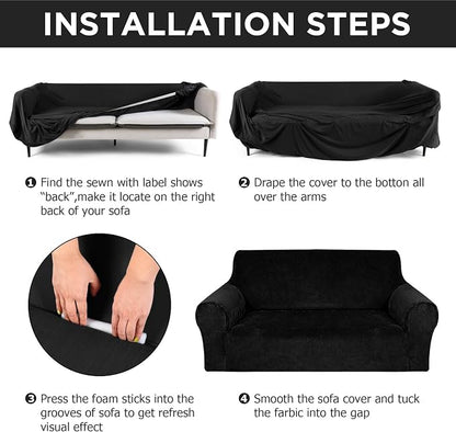 Peryiter 2 Pcs Couch and Loveseat Sofa Covers,Black,Velvet | Armchair Covers for Living Room, Sofa Cushion Slipcover 2/3 Seater, Furniture Protector, Polyester and Spandex, Washable