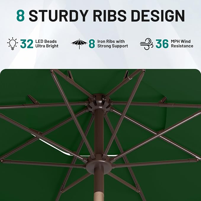 AreShark 9ft 3 Tiers Patio Umbrella with Solar Lights, Outdoor Umbrella w/ 32 LED Lights&8 Sturdy Ribs, Table Umbrella for Deck, Backyard, Pool (Dark Green)