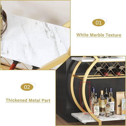 LVB Gold Bar Cart with Wheels, Modern White Marble Home Bar Serving Cart | Drink Cart with Wine Rack, Metal Wooden Beverage Cart, Rolling Kitchen Cart for Home Dining Room,Gold White Marble