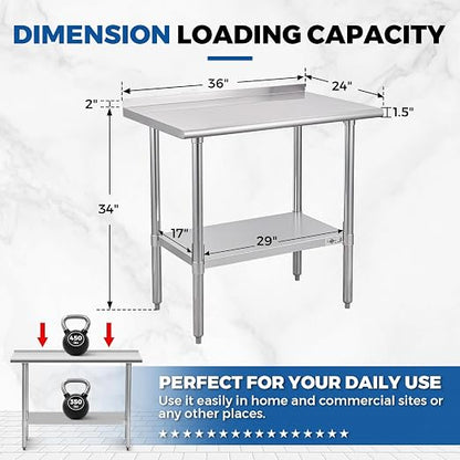 Profeeshaw Stainless Steel Prep Table 24''x36'' Workbench with Backsplash | NSF Commercial Metal Work Table, with Undershelf, Heavy Duty Table, for Kitchen, Restaurant, Home, Gargae and Hotel, 18-gauge