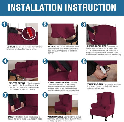 H.VERSAILTEX Wingback Chair Covers Velvet Plush Wing Chair Slipcover 1 Piece High Stretch Wing Back Chair Slipcovers Sofa Cover Furniture Cover with Elastic Bottom, Burgundy