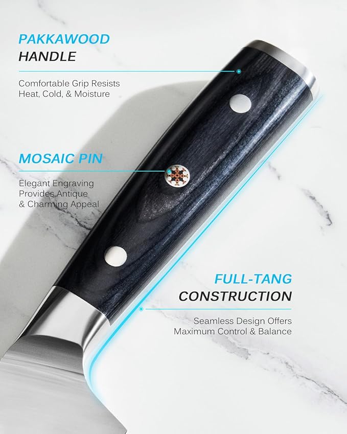 KYOKU 8" Chef Knife, Samurai Series Meat Cutting Knife with Pakkawood Handle & Mosaic Pin, Japanese Style High Carbon Steel Knives, Full Tang knives for Vegetable Fruit with Sheath and Case