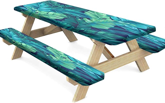 Tropical Palm Leaves Picnic Table Cover with Bench Covers, Hawaiian Green Leaf Waterproof Windproof Camping Rectangle Tablecloths Fitted Picnic Table Cover for Outdoor, Picnic, Camping, 72x28 In