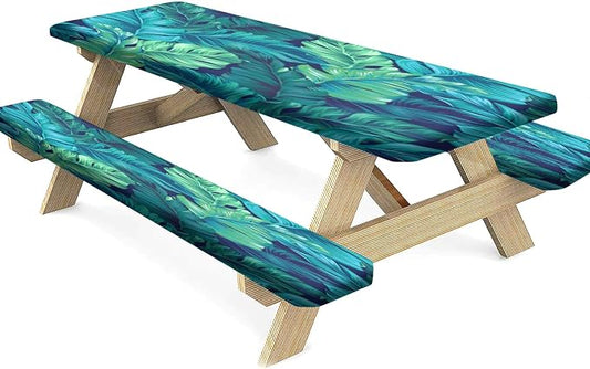 Tropical Palm Leaves Picnic Table Cover with Bench Covers, Hawaiian Green Leaf Waterproof Windproof Camping Rectangle Tablecloths Fitted Picnic Table Cover for Outdoor, Picnic, Camping, 72x28 In