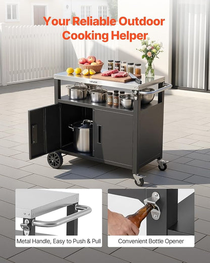 VEVOR Outdoor Grill Cart with Storage Cabinet, 36.4 Inch Grill Table, Waterproof Kitchen Island with Stainless Steel Top, Shelf, and Wheels, Movable Food Prep Station for Patio Bar Backyard BBQ