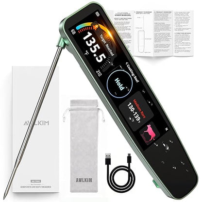 AWLKIM Instant Read Meat Thermometer Digital, 3.8" Touchscreen No App Needed – Rechargeable Waterproof Kitchen Food Thermometer Probe for Cooking, Grill, BBQ, Candy, Oil Frying, ±0.5°F