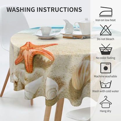 Sweetshow Summer Beach Tablecloth Round 60 Inch Waterproof Polyester Washable Circle Sand Starfish Ocean Waves Table Cover Table Cloth for Kitchen Dining Room Indoor Outdoor Picnic Patio Party