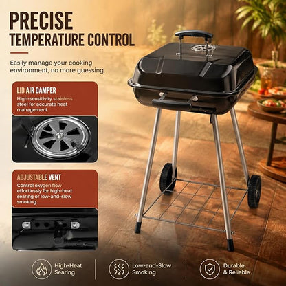 17.5-Inch Square Charcoal Grill with Wheels, 302 Sq In Cooking Surface Outdoor Barbecue BBQ, Porcelain-Coated Steel Freestanding Kettle Grill for Patio, Deck, and Backyard Gatherings, Black