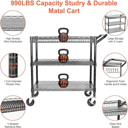 BolDuck Heavy Duty Utility Cart, 990Lbs Capacity 3 Tier Rolling Carts with Wheels, Kitchen Cart on Wheels with Storage, Commercial Grade Metal Serving Carts with Wire Shelving &Handle Bar, Black