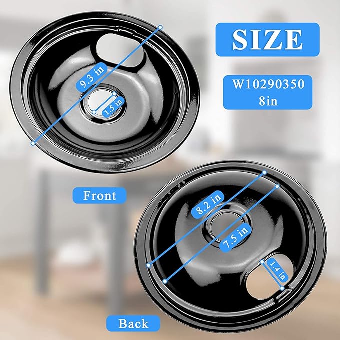 W10290350 W10290353 Burner Porcelain Drip Pans Set Replacement by APPLIANCEMATES Fits whirlpool Electric Range Stove Top Drip Bowls 4-Pack Includes 2 Large 8-Inch and 2 Small 6-Inch (Black)