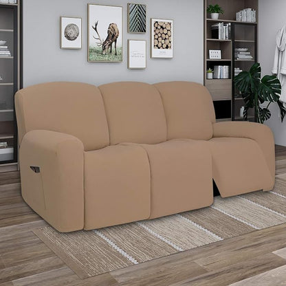 PureFit Super Stretch 3 Seats Recliner Sofa Couch Cover with Pocket | Non Slip Soft Sofa Slipcover, Washable Spandex Reclining Furniture Protector for Kids, Pets (Recliner Sofa, Camel)