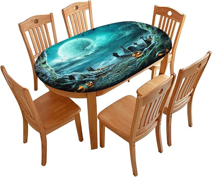 Halloween Oval Fitted Tablecloth, Moon Night Pumpkin Lantern Elastic Edged Table Covers, Fits to Oblong 60" X 84" Table, Wrinkle-Proof Table Cloths for Indoor Restaurant Outdoor Terrace Dining Decor