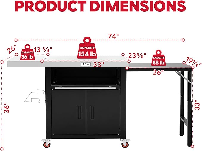 Feasto Outdoor Kitchen Island with Cabinet, Outdoor Grill Table with Stainless Steel Top for Pizza Oven& Griddles, Movable Bar Cart with Pull-Out Plate for Parties& Gathering, Heavy-Duty, L74”x W24”