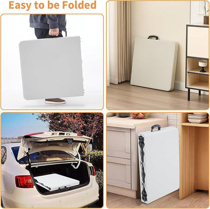 BOOSDEN 4 Foot Folding Table, Portable Rectangle Card Table, Indoor Outdoor Plastic Fold-in-Half Utility Table with Carrying Handle, Adjustable Height Foldable Tables for Picnic,Party,Camping,Office