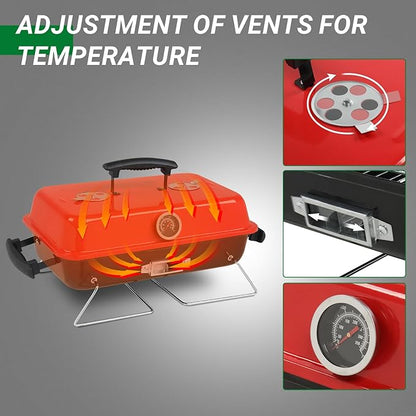 20.8" Portable Charcoal Grill,Tabletop Outdoor Barbecue Smoker,Portable Vertical Charcoal Smoker Grill,Heavy Duty Outdoor BBQ Grill,with Thermometer,for Garden Patio Beach Backyard (Black & Red)
