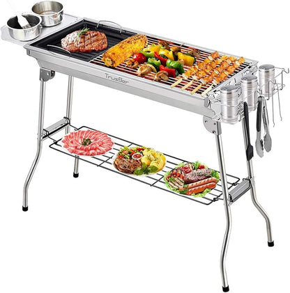 Barbecue Charcoal Grill, Stainless Steel Outdoor Barbecue Grill for Camping Hiking Picnics Tailgating Backpacking or Any Outdoor Event