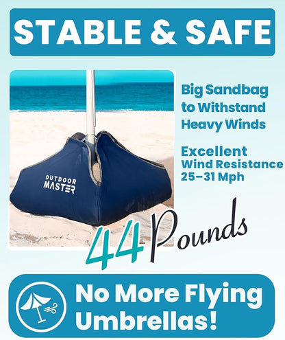 OutdoorMaster 7.2ft Beach Umbrellas for Sand with Sandbag & Anchor | 7.2ft Adjustable Umbrella for Beach, Wind Resistant, Portable UPF50+ Sunshade with Carry Bag for Patio