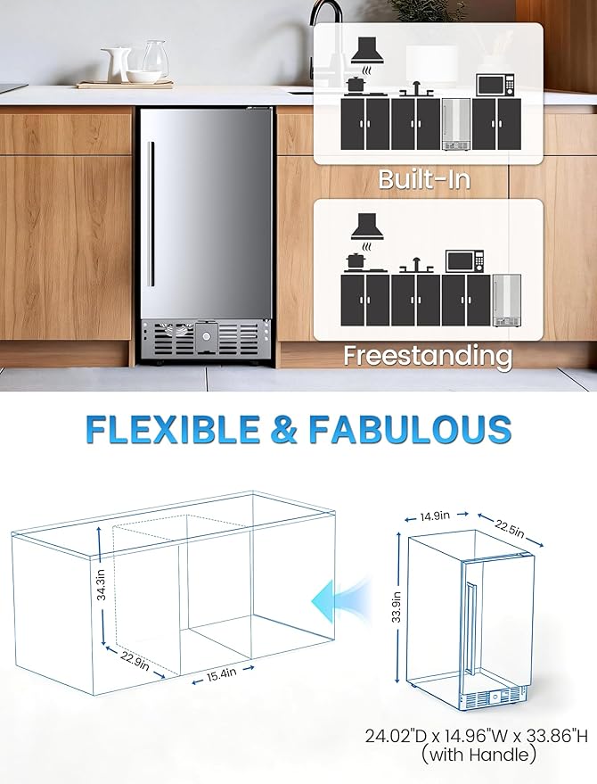 Electactic 15 Inch Beverage Refrigerator, Under Counter Drink Fridge with Stainless Steel Door, Built-in & Freestanding Beverage Cooler for Beer Wine Soda, Outdoor Refrigerator for Patio Home Kitchen