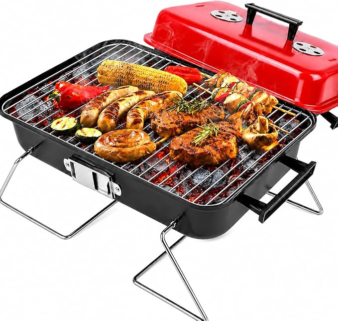 Portable Charcoal Grill with Lid, Red Folding BBQ Grill with 7 Air Vents and Carry Handle, Lightweight Barbecue Smoker Grill for Camping, Backyard, Beach, Picnic, Patio