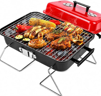 Portable Charcoal Grill with Lid, Red Folding BBQ Grill with 7 Air Vents and Carry Handle, Lightweight Barbecue Smoker Grill for Camping, Backyard, Beach, Picnic, Patio