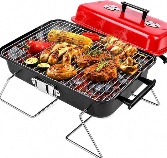 Portable Charcoal Grill with Lid, Red Folding BBQ Grill with 7 Air Vents and Carry Handle, Lightweight Barbecue Smoker Grill for Camping, Backyard, Beach, Picnic, Patio