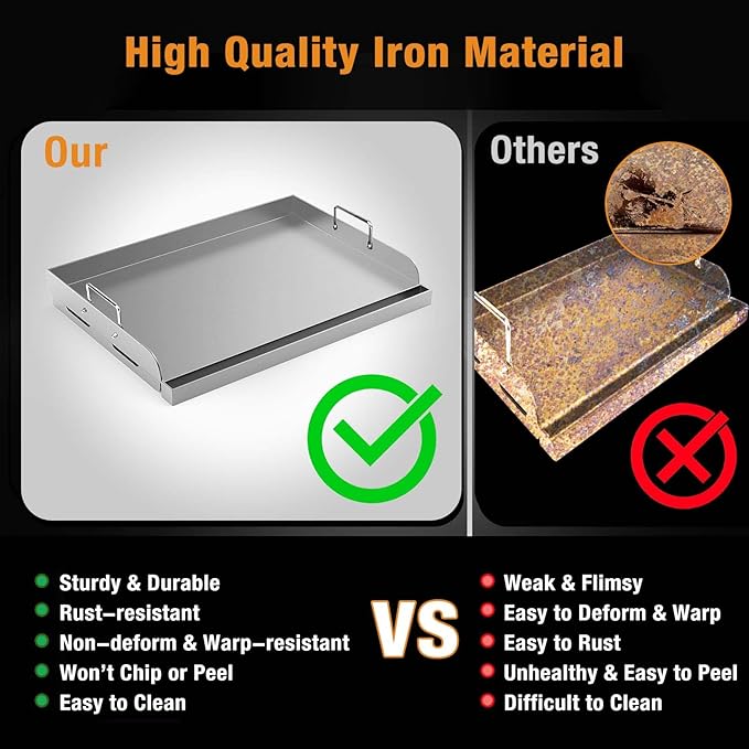 Griddle for Gas Grill, Universal Fry Griddle Flat Top Plate, 17" x13” Metal Cooking Griddle Pan Flat Top Rectangular Plate with Removable Handles for Gas Stove/Charcoal/Gas Grills