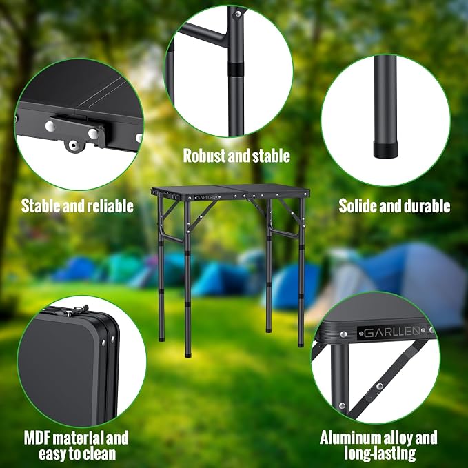 GARLLEN 2ft Folding Camping Table Max Capacity 66lbs, 3 Adjustable Height Folding Grill Table with MDF Tabletop, Lightweight Folding Tables for BBQ, Travel, Picnic, 22.8" L x 15.7" W