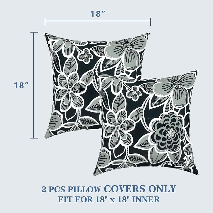 LVTXIII 2 Pack Outdoor Pillow Covers ONLY 18x18 Inch, Water-Repellent Square Decorative Cushion Covers for Patio Furniture, Garden, Sofa, Flower Black