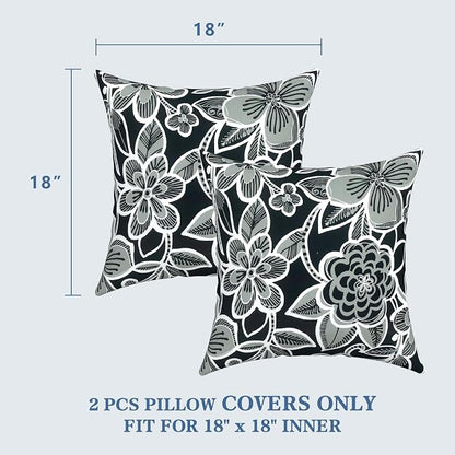 LVTXIII 2 Pack Outdoor Pillow Covers ONLY 18x18 Inch, Water-Repellent Square Decorative Cushion Covers for Patio Furniture, Garden, Sofa, Flower Black