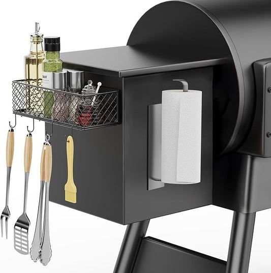 Ormeli 1 Pack Magnetic Storage Bin for Traeger Smoker Grill Caddy with Paper Towel Holder, Grill Basket for Some Models of Traeger/Pit Boss/Z Grill Smoker Accessories, Griddle Caddy for Outdoor
