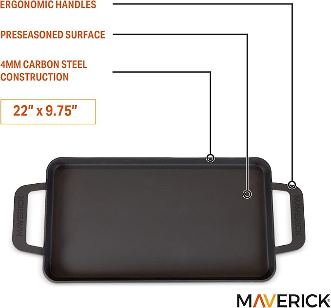 Maverick 22-Inch Preseasoned Carbon Steel Griddle, 4mm Heavy-Duty Flat Top Grill Pan with Raised Edges & Integrated Handles