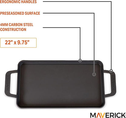 Maverick 22-Inch Preseasoned Carbon Steel Griddle, 4mm Heavy-Duty Flat Top Grill Pan with Raised Edges & Integrated Handles